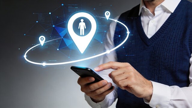 Man using smartphone with GPS location pin icon, digital map navigation system, tracking user position and geolocation technology for travel or logistics service application