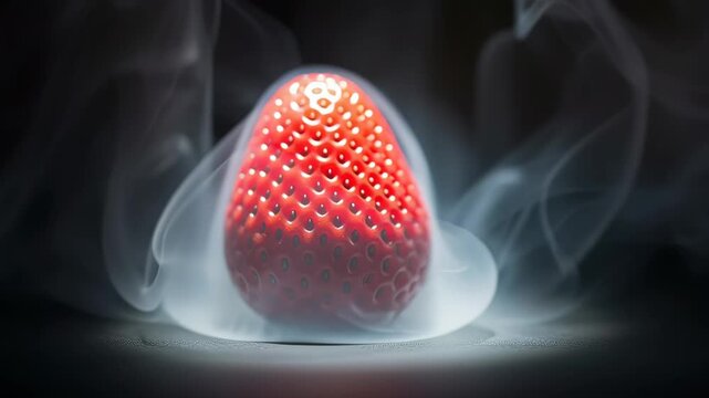 Strawberry on fire with smoke rising.