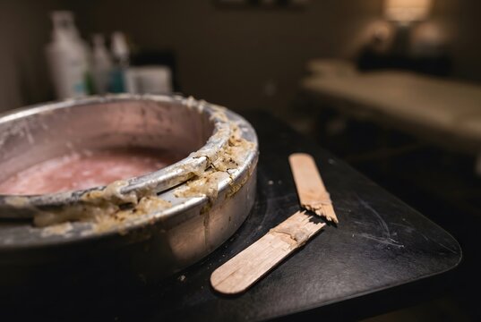 Close-up of paraffin wax warmer inner pot with hardened wax paste and a broken spatula
