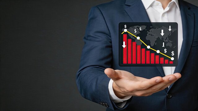 Businessman holding hologram chart showing declining trend, red bar graph dropping down with dollar signs and arrows, financial crisis concept, global economy recession