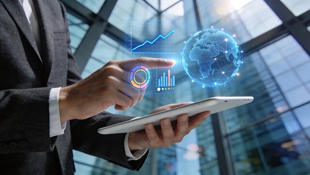 Businessman using tablet with futuristic holographic interface displaying global network connection, world map with nodes, data analytics charts and graphs, international
