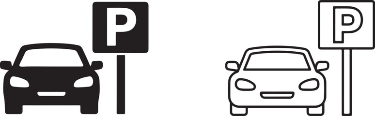 Car parking icon line art and black silhouette symbol. © Creative World 2.0