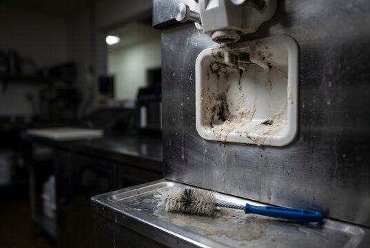 Close-up of soft serve machine lever indent with spoiled milk paste and a frayed brush