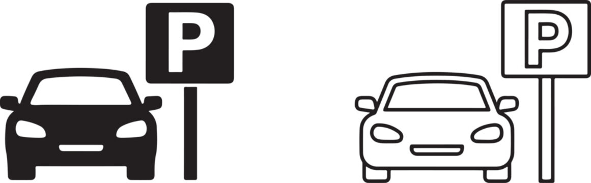 Car parking icon line art and black silhouette symbol.