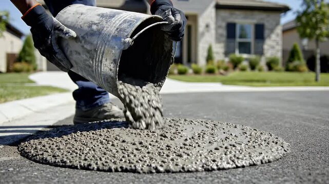 Person wearing gloves pours wet concrete from a bucket onto asphalt