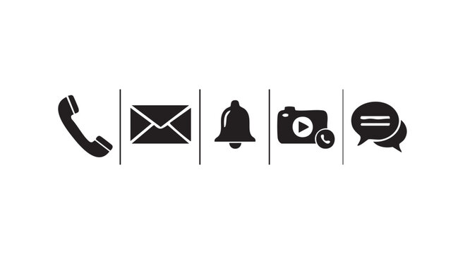 Collection of essential communication icons featuring phone mail notification camera and message symbols for digital apps.