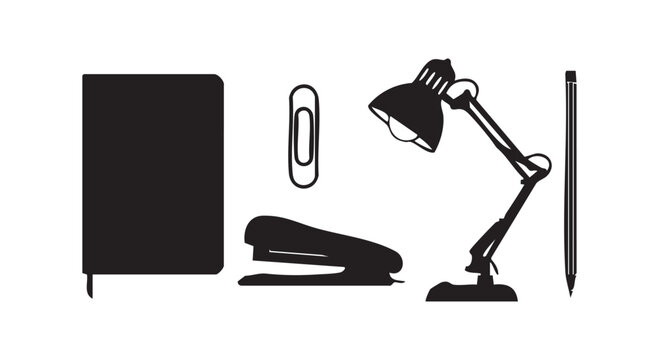 Collection of office supplies objects including notebook stapler paperclip desk lamp and pencil on white background vector illustration.