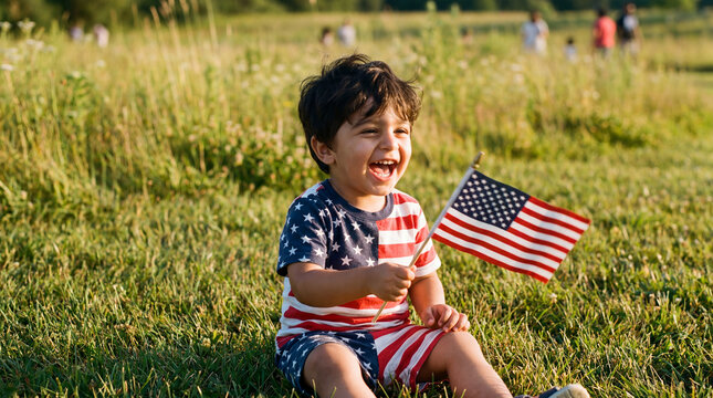 Flag Day patriotic Middle Eastern toddler boy waving American flag in stars stripes outfit laughing on grass for summer celebration greeting cards and promotional materials