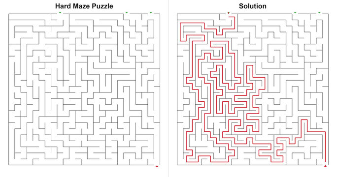 Difficult grid maze game with several starting points and solved route in vector graphic style, monochrome and crimson colors, logical activity page used for cognitive development with copy space