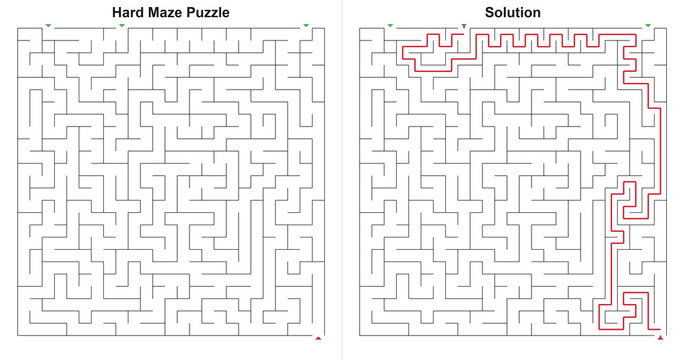 Complex rectangular labyrinth board with various entry options and marked track in linear drawing style, dark and bright red colors, intelligence evaluation tasksheet used for school homework with cop