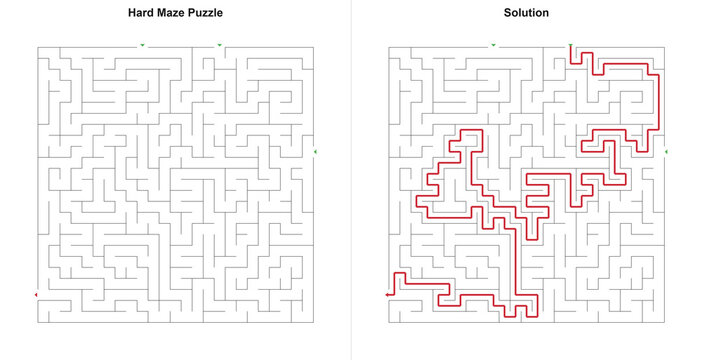 Advanced routing maze riddle with diverse starting positions and completed guide in clean outline style, grey and carmine colors, mental training handout used for kids pedagogy with copy space