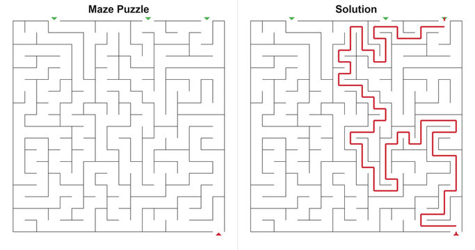 Moderate grid maze game with several starting points and solved route in vector graphic style, monochrome and ruby colors, logical activity page used for cognitive development with copy space