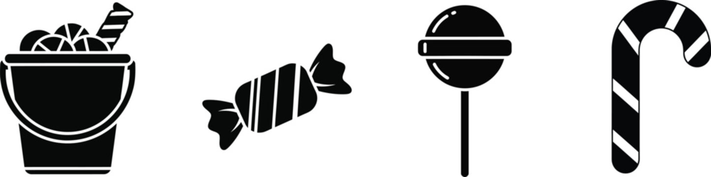 Minimalist black line art of a Halloween candy basket, and spiral lollipop icon set