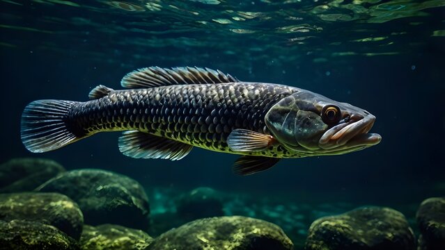 Wolf fish swimming underwater in a dark, rocky river environment. Prehistoric looking freshwater predatory fish.