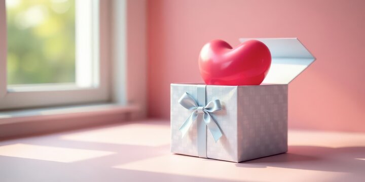A pink heart rests gently inside a light grey gift box, tied with a delicate silver ribbon, bathed in soft sunlight by a windowsill.