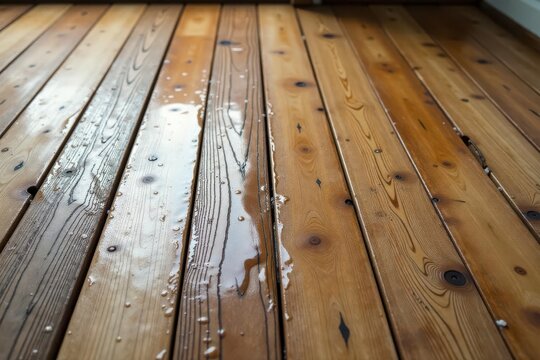 Close-up view of wet, varnished wooden planks exhibiting natural wood grain and subtle knots