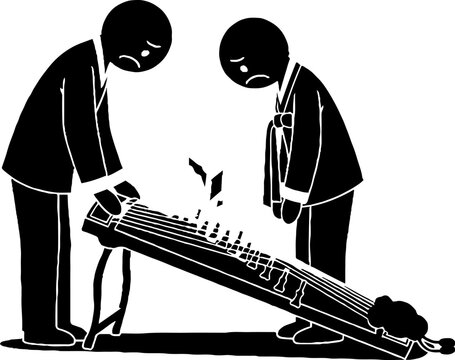 Sad couple looking at a broken traditional musical instrument