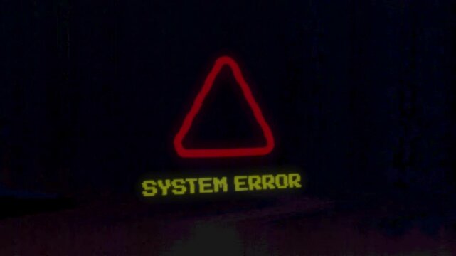 Glitchy system error warning sign with a red triangle and exclamation mark on a dark, pixelated background.