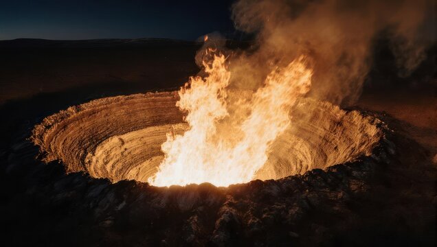 Darvaza Gas Crater Burning Brightly at Night in Turkmenistan.