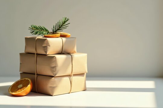 Stack of Eco-Friendly Wrapped Gifts with Citrus and Evergreen Accents in Sunlit Setting