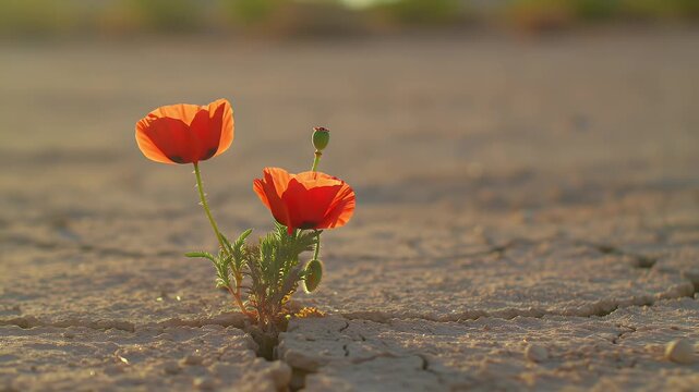 Two vibrant red poppies bloom from cracked earth at sunset