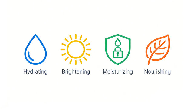The icons of replenishing water drops, brightening the sun, moisturizing lock shield and nourishing leaves represent the basic skin care efficacy and are suitable for face cream and essence products.
