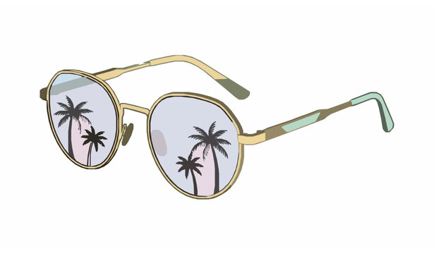 Minimal tropical sunglasses vector icon with palm tree reflections and romantic heart lens details