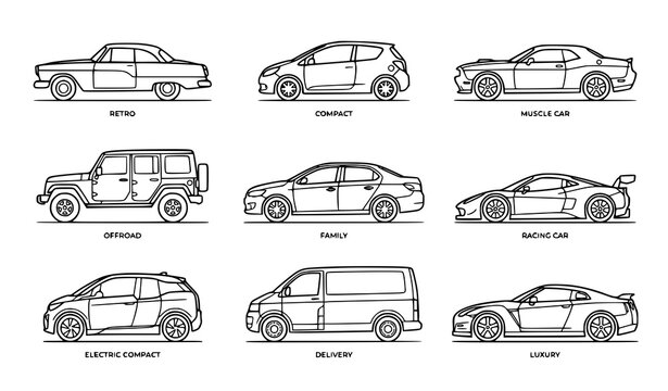 Minimal black outline car collection with various automobile models and modern vehicle vector illustrations