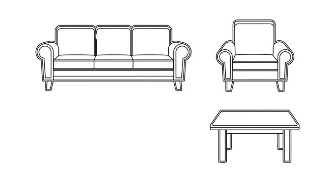 Sofa armchair and coffee table line drawing illustration.