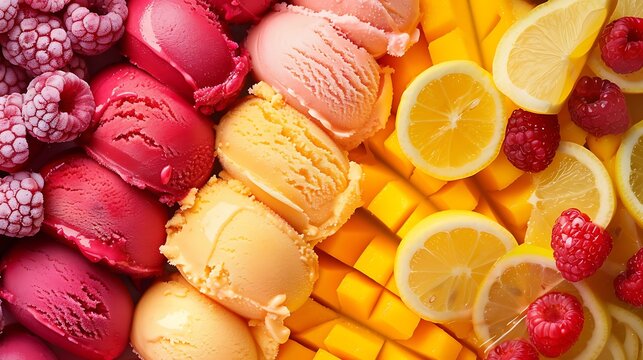 Colorful ice cream scoops with fruit garnish, gradient arrangement, vibrant flavors and gourmet dessert presentation