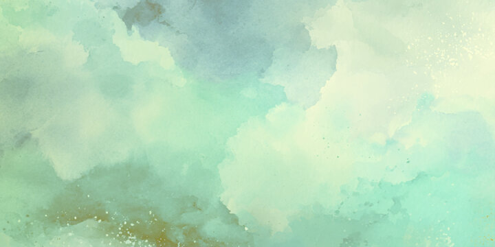 Soft watercolor background with pastel green and blue hues and white clouds