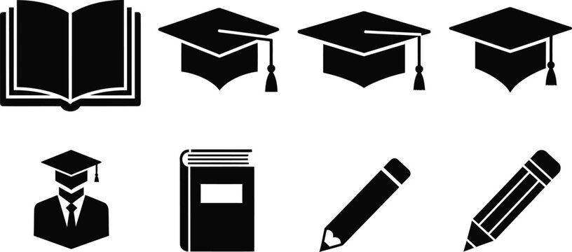 Flat design vector illustration of school and office supplies in black outline style.