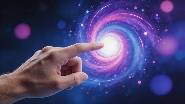 Human hand reaching out to touch a glowing spiral galaxy portal, symbolizing space exploration, future technology, and cosmic connection in the universe.