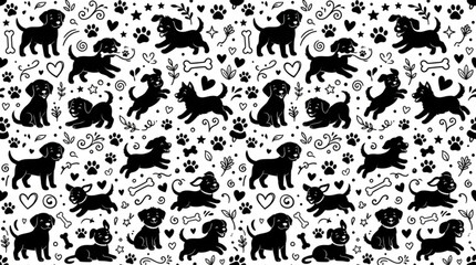 Obraz premium Seamless cartoon pattern with cat and dog silhouettes hearts and cute animal icons vector illustration