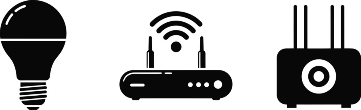 Minimalist black line art icons depicting smart home devices including a lightbulb, Wi-Fi router, and smart plug.