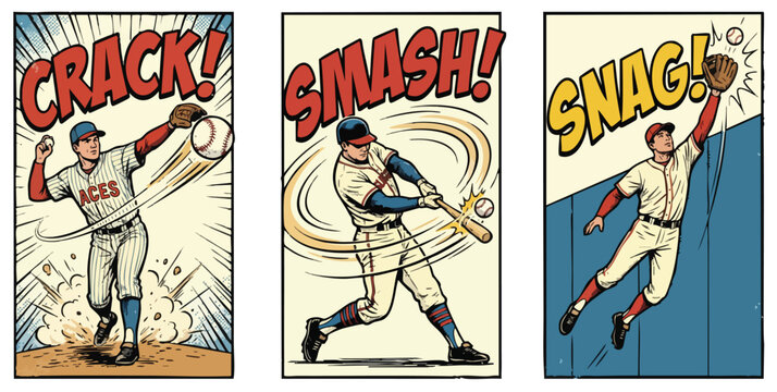 Vintage comic style baseball scenes with dynamic action words