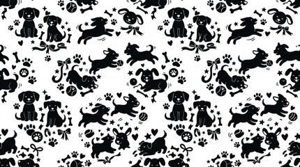 Obraz premium Seamless vector pattern with cats and dogs in floral decorative wallpaper style with butterflies leaves and nature elements