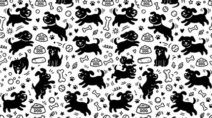 Obraz premium Seamless cartoon vector pattern with cute cats, animal tracks and decorative silhouette icons in playful style