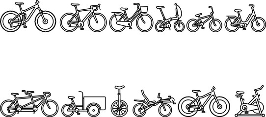 Bicycle Types and Cycling Transport Line Icon Set Featuring Mountain, Road, Tandem, Cargo, Unicycle, Recumbent, and Stationary Exercise Bike Designs © EdGe Creative