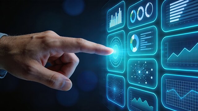 Hand touching futuristic blue hologram interface screen with data charts and graphs, advanced technology and analytics concept