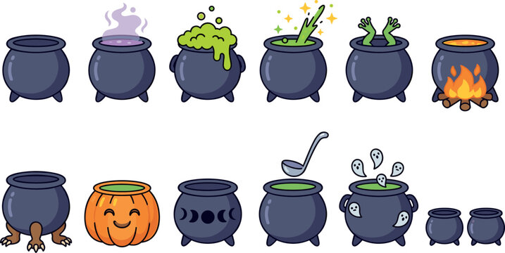 Halloween Witch Cauldron Icon Set with Boiling Poison Potions, Pumpkin, Ghost, Moon Phases, and Magic Brew Elements for Spooky Graphic Designs