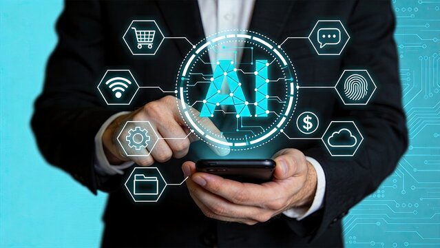 Businessman using smartphone with artificial intelligence AI interface, digital network connection, machine learning technology, automation and smart device communication concept