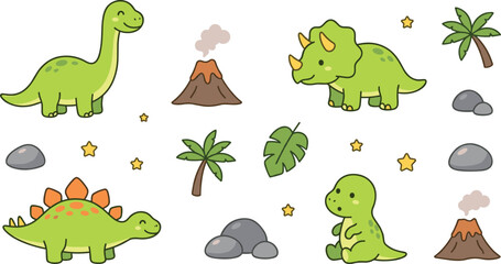 Cute Dinosaur Cartoon Character Vector Set with Triceratops Stegosaurus Brachiosaurus Volcanoes Palm Trees and Tropical Leaves for Kids Educational Nursery Layouts © EdGe Creative