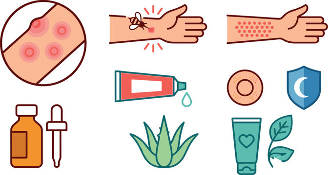Insect Bite and Skin Allergy Treatment Vector Icon Set with Bee Sting, Rash Symptoms, Aloe Vera, Ointment, and First Aid Medical Remedies for Healthcare Designs