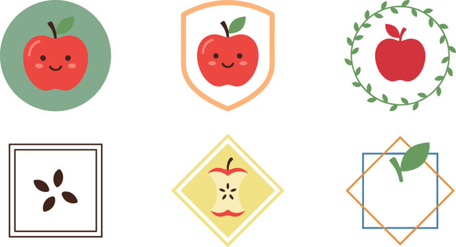 Minimalist Red Apple Logo Icon Set Featuring Flat Line Art Fruit Symbols Apple Core Seeds and Geometric Badge Frames for Organic Food Brands