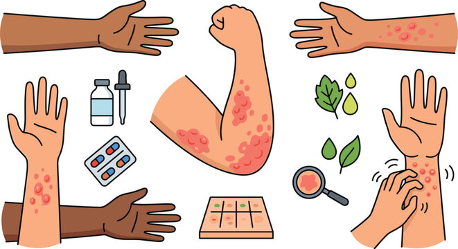 Skin Allergy Rash and Dermatitis Treatment Vector Icon Set with Itchy Psoriasis Redness, Eczema Symptoms, Allergy Test, and Medical Care Treatment Graphic Designs