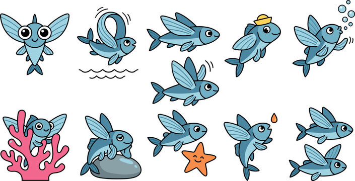 Cute Flying Fish Cartoon Character Vector Set with Diverse Undersea Poses Featuring Coral Reefs Starfish Bubbles and Sailor Hats for Kids Educational Graphic Designs