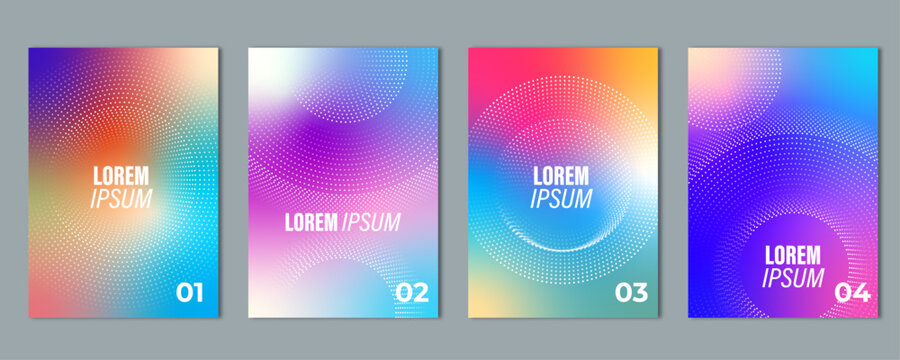 Modern halftone poster set with gradient circle, radial dot pattern and colorful wave backgrounds in minimal abstract style