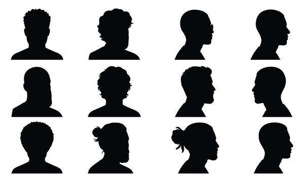 Set of male head silhouettes showing diverse hairstyles and profiles for identity and avatars