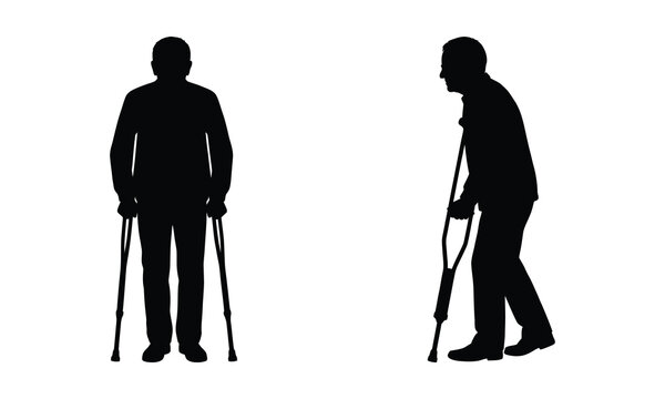 Silhouette vector illustration of an older man standing and using crutches for mobility aid.